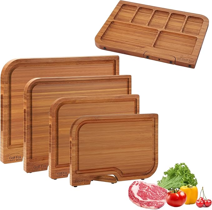 4-PCS Bamboo Cutting Board Set, Wood Cutting Board for Kitchen with Innovative Stand, Juice Groove & Handle, Double Sided for Chopping & Charcuterie Board, Kitchen Gift for Home Cooks, For Meat &Fruit
