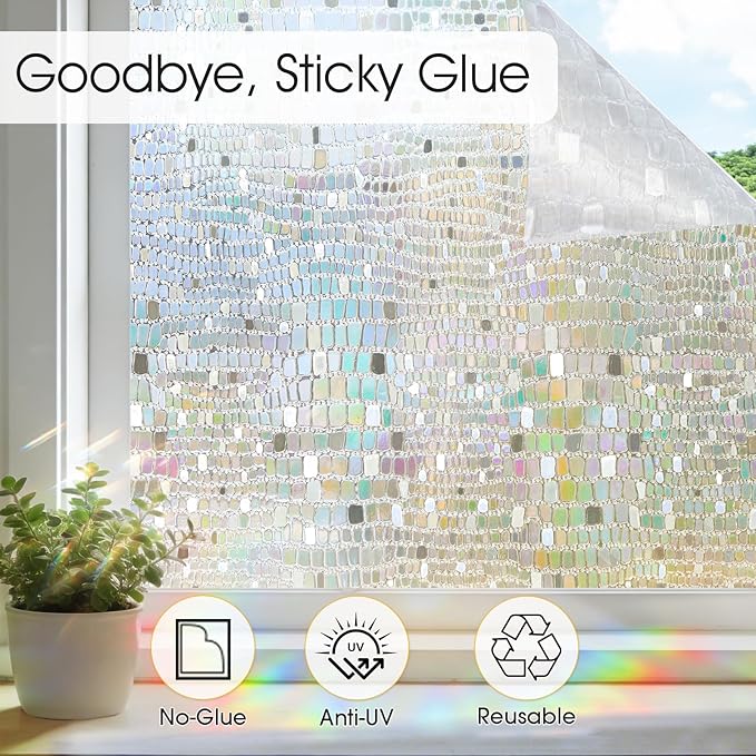 Windimiley Rainbow Window Privacy Film, 3D Stained Glass Christmas Decorative Window Clings, UV Heat Blocking Holographic Prism Stickers for Home(17.5 x 118.1In,Pure)