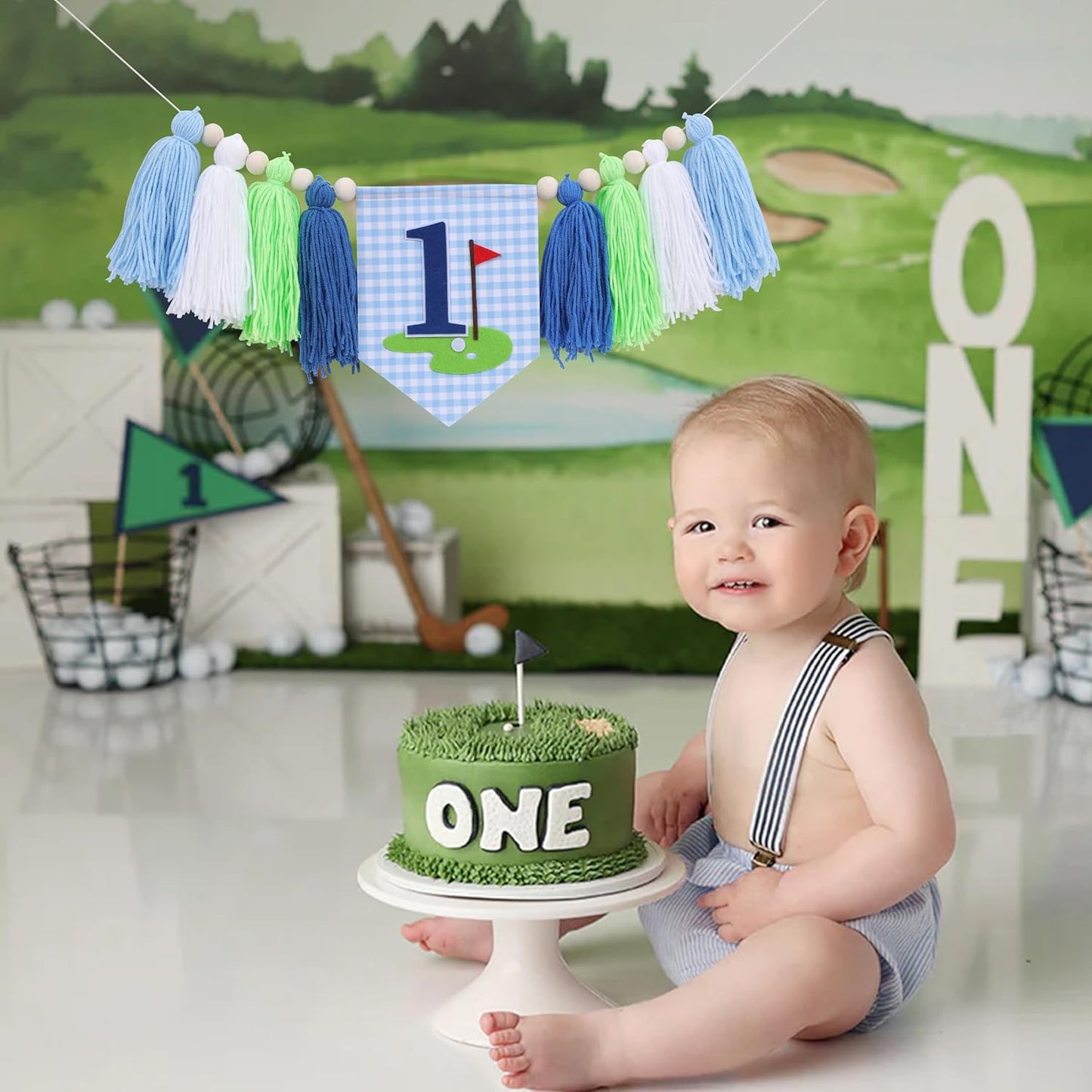 Golf 1st Birthday High Chair Banner - Hole in One Cake Smash Decorations, Golf Yarn Tassel Highchair Banner, Blue and Green Birthday Decor for Boys
