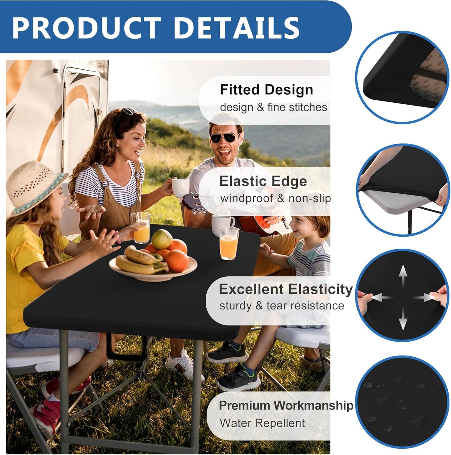 Stretch Table Cover for 4ft Rectangle Tables-10 Pack Black Spandex Table Cloths with Elastic-Stretchy Folding Outdoor Picnic Tablecloth for Camping Dining Room Patio Kitchen Banquet Party
