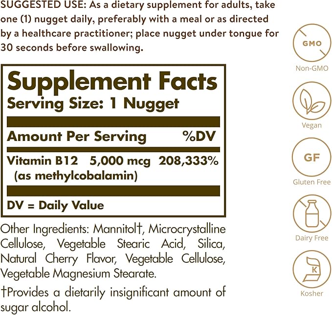 Solgar Gentle Iron - Ideal for Sensitive StomachsRed Blood Cell Supplement & Methylcobalamin (Vitamin B12) 5000 mcg, 60 Nuggets