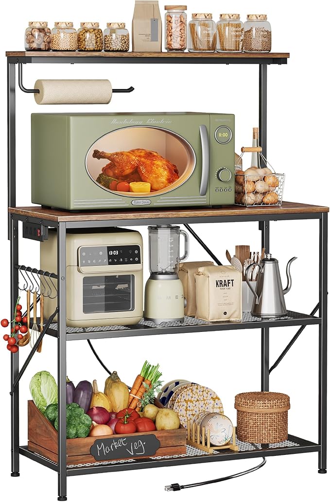 Huuger 4-Tier Bakers Rack with Reversible Power Outlet, 31.5 Inch Microwave Stand, Kitchen Bar, with Top Shelf, 6 S Hooks, Rustic Brown