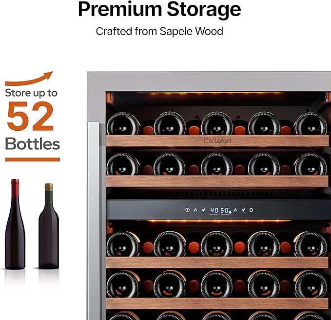 Ca'Lefort 24 Inch Wine Fridge Cooler - 52 Bottles Dual Zone Cooler with Glass Door, 3 LED Built-in Compressor Fridge with Adjustable Shelves for Home Office Bar (5.65 cu.ft)