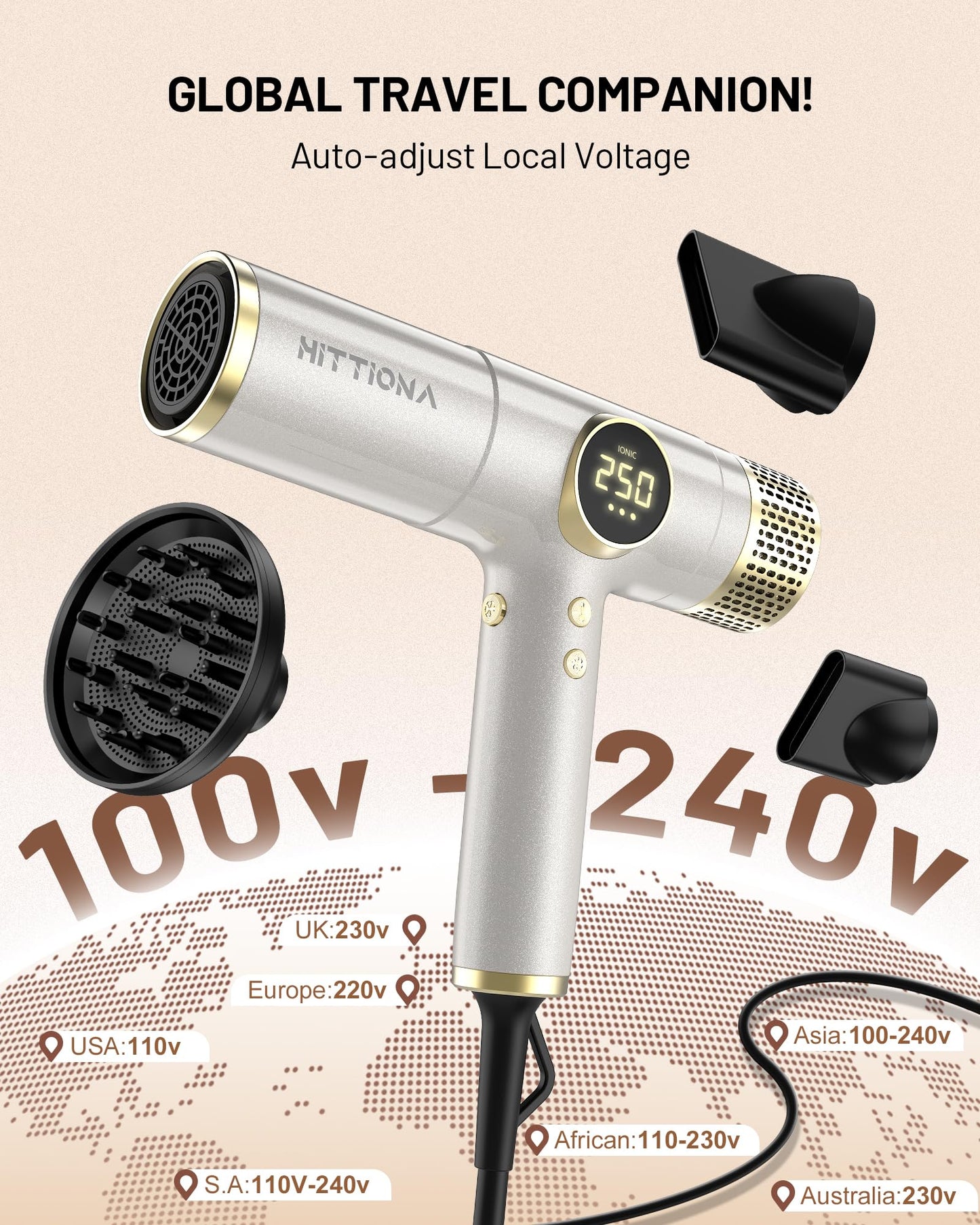 Infrared Ionic Hair Dryer with Diffuser - 2000W Dual Voltage Blow Dryer for Women, Fast Drying, Frizz Control, Lightweight & Low