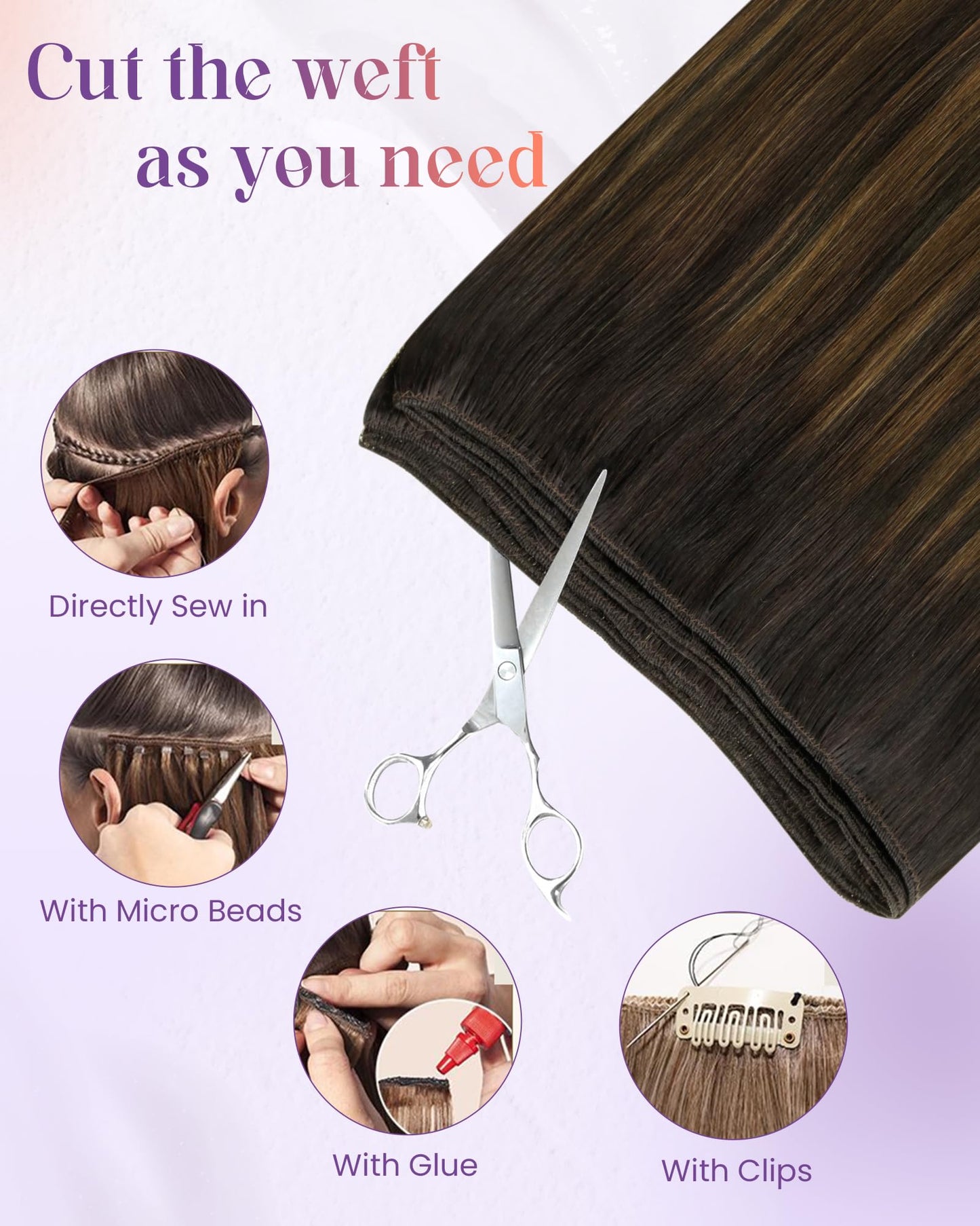 LaaVoo Human Hair Weft Extensions Brown Ombre Sew in Hair Extensions Long Straight Double Weft Hair Extensions Human Hair Dark B