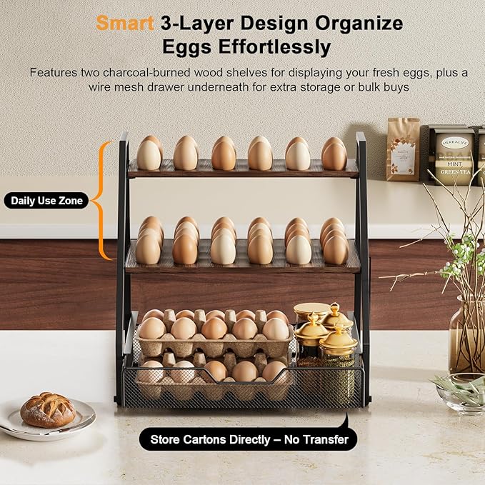 3-Tier Wooden Fresh Egg Holder Countertop With Basket for 36+90 Eggs, Wooden Egg Holder Countertop with Carry Handle for Gathering 100+ Eggs, Duck, and Quail Eggs