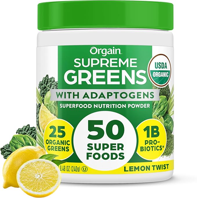 Orgain Supreme Greens Powder, 50 Superfoods, 1 Billion Probiotics, and Adaptogens, for Gut Health and Immune Support, 1.5 Servings of Fruit and Veggies, Lemon Twist