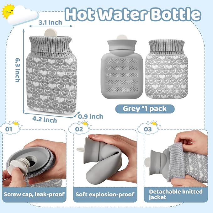 Amylove Mini Hot Water Bottle 320ml for Hot & Cold Compress with Cover Silicone Microwave Heating Small Water Bag for Travel Pain Relief Holiday Gifts (Gray)
