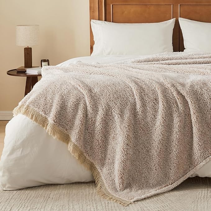 EMME Fleece Throw Blankets Soft Sherpa Plush Blankets for Couch Cozy Bed Blanket(Tassel Khaki, 90"x90")