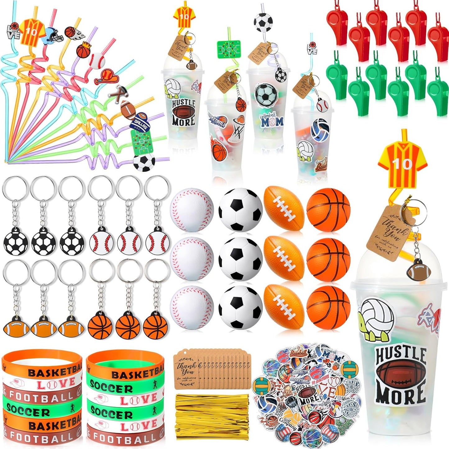 Weysat 184 Pcs Sport Party Favors Party Goodie Bag Fillers Cup Straw Stress Ball Keychain Sticker Wristband Whistle Thank You Tags for Birthday Decorations (Sports Style)