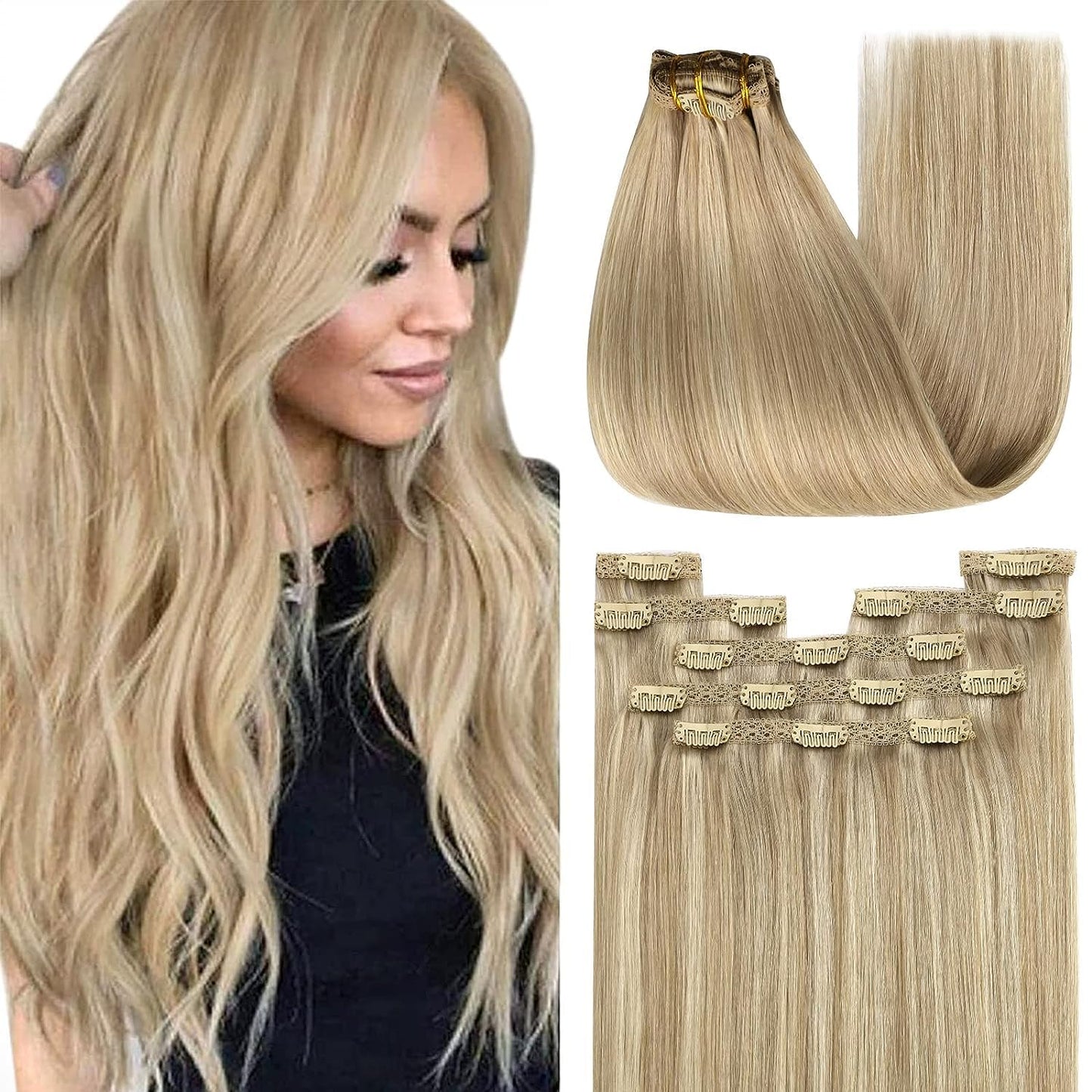 YoungSee Clip in Human Hair Extension Highlight Clip in Hair Extensions Human Hair Dark Ash Blonde Highlights Golden Blonde for