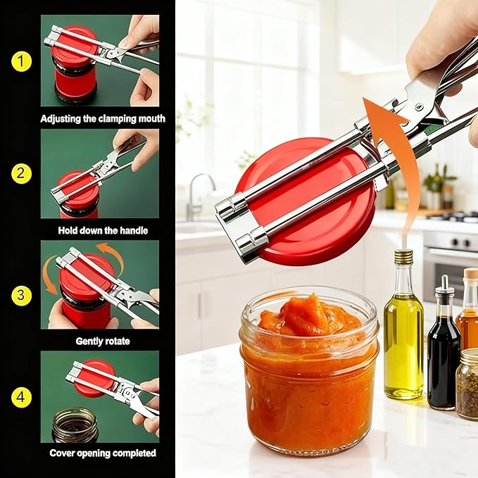 Adjustable Jar Opener for Stubborn Lids - One-Handed Grip, Effortless Opener for Jars & Bottles, Durable Stainless Steel Tool for Weak Hands (1)