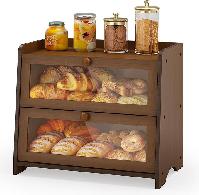 Vintage Double Layer Bread Box for Kitchen Countertop, Large Breadbox Bread Buddy with Acrylic Door, Wooden Farmhouse Bread Holder (Brown)