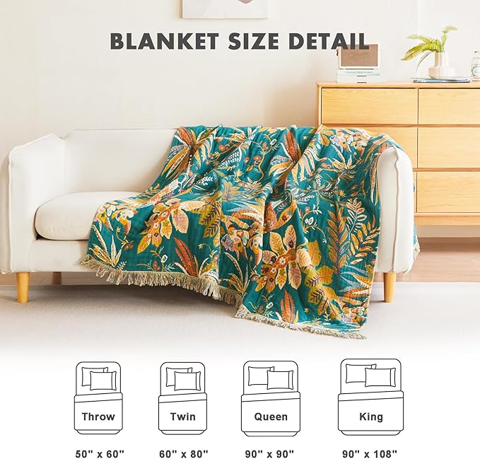 MSGKV Boho Throw Blanket for Bed Twin Size 100% Cotton Floral Blanket 60"x80" Couch Blankets Muslin Breathable All Seasons Lightweight Farmhouse Blankets Home Decor
