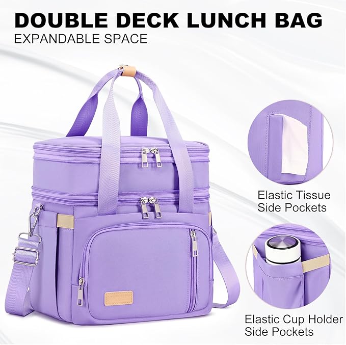 Lunch Box for Men Women - Double Deck Insulated Lunch Bag, Large Leak Proof Tote Cooler, Wide Open Dual Compartment Lunch Bags with Shoulder Strap, For Work Picnic Hiking Beach, Purple