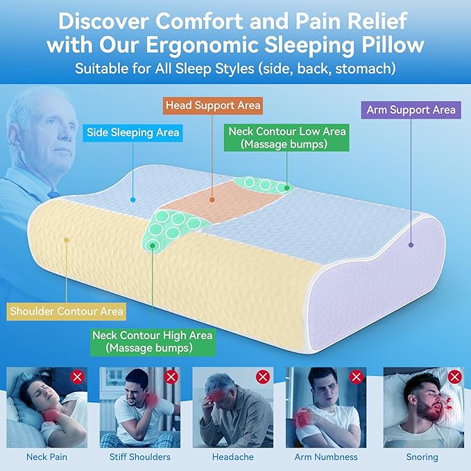Sandwich Cervical Neck Pillow Queen Size - Dynamic Memory Foam Pillow for Neck Shoulder Pain Relief, Ergonomic Adjustable Bed Contour Pillow for Side, Back & Stomach Sleepers CertiPUR-US