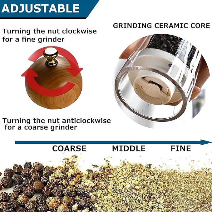 Pepper Grinder Set Salt and Pepper Grinder Set Manual Salt Grinder Pepper Mill Set with Adjustable Coarseness Acrylic Salt and Pepper Shakers, Ceramic Blade Grinding Spices Enjoy Most Delicious Steak