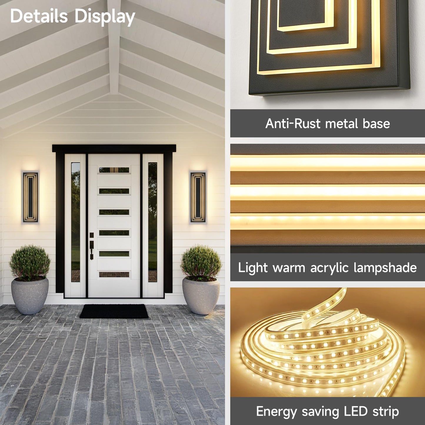 Zsmaiku 23.6 In Long Outdoor Wall Sconce 3-Tier Led Modern Exterior Wall Light Matte Black Outdoor Garage Lighting Fixtures Front Porch Patio Light Waterproof Acrylic Wall Lamp 36 W 3000K Warm White