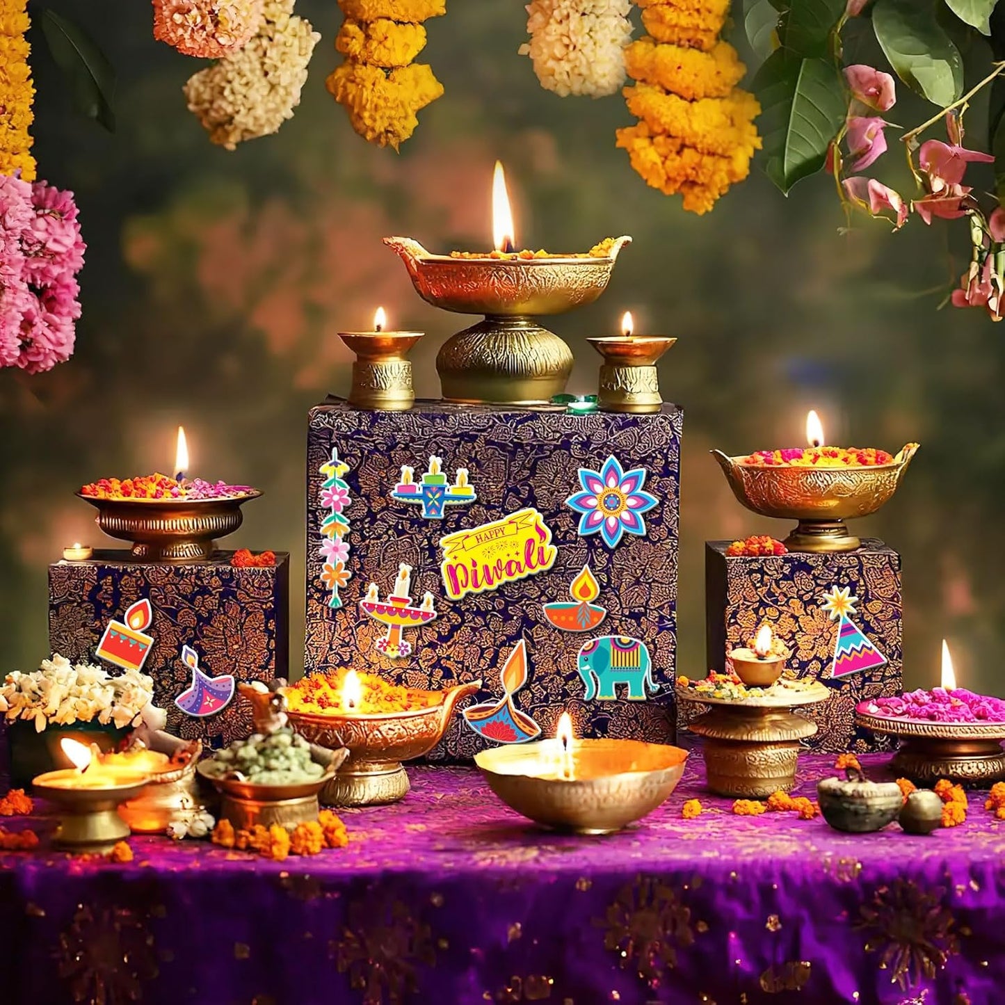 UPINS Happy Diwali Stickers, Foam 3D Puffy Stickers Assorted Lanterns Peacocks Elephants Diwali Sticker Bulk for Diwali Party Favors Scrapbooking Crafts Rewards(12 Sheets)