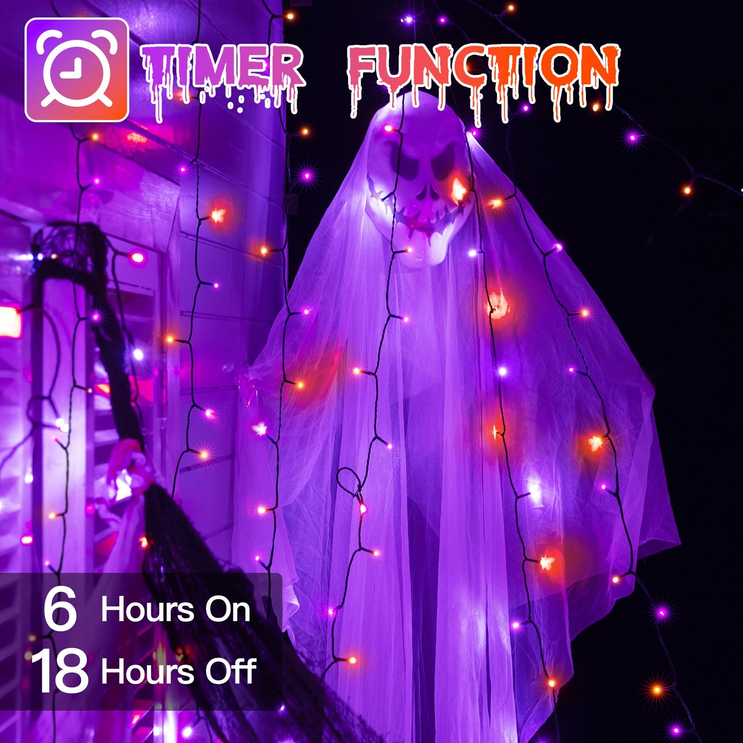 Guhope Halloween Lights, 200 LED Waterproof String Lights, 8 Lighting Modes, Orange + Purple, Model NYA0200C