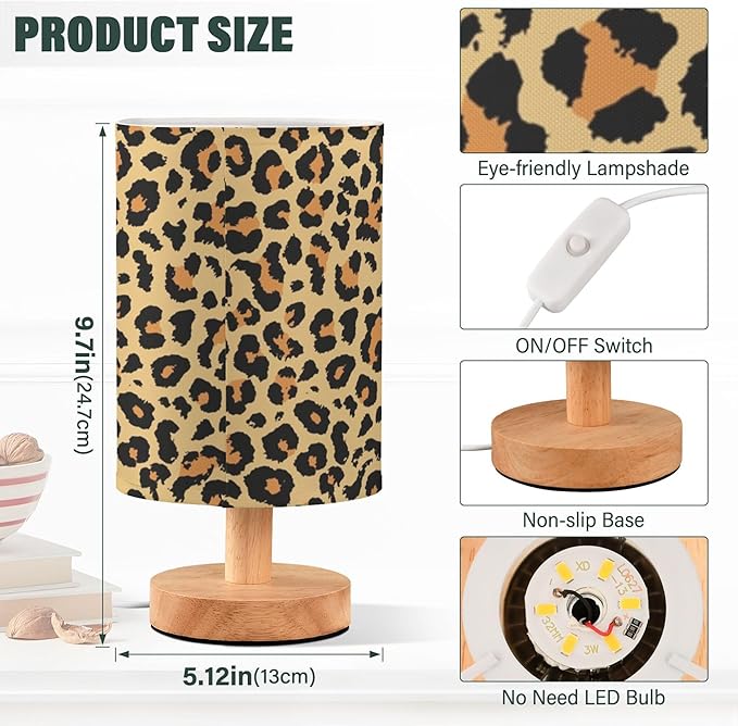 Table Lamp Leopard Print Wild Animal Skin Scale Design Pattern Nightstand Lamp with Wood Base Fabric Lamp Shade Bedside Desk Lamp for Living Room Bedroom Kids Room Office