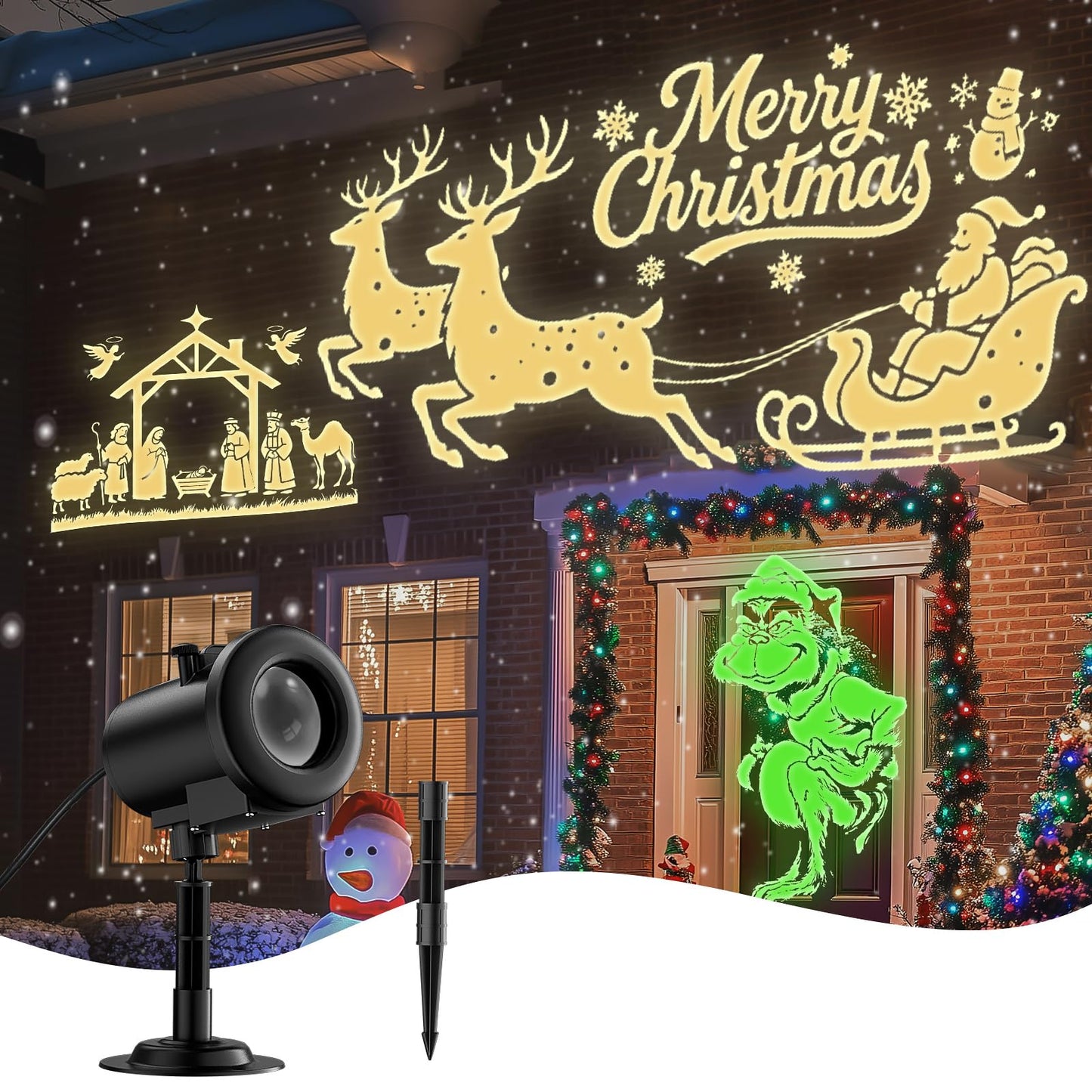 12 In 1 Christmas Projector Lights Outdoor  3D Dynamic Santa Sleigh/Nativity/Green Monster/Ghost/Spider/Bat Christmas Decor Night Lights For Party Home Window Wall Holiday Decor