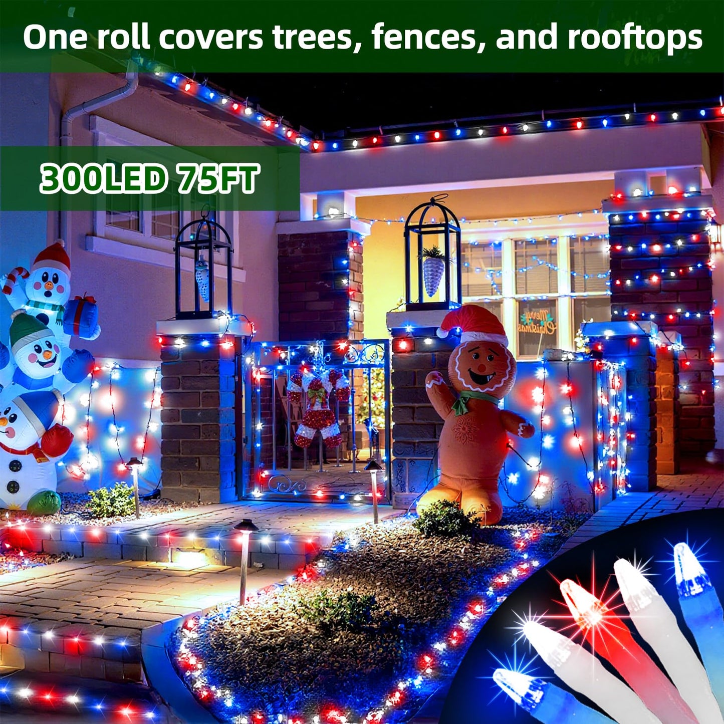 300Led Chrstmas Lights  75Ft Indoor Outdoor Christmas String Lights With 12 Modes  Red White And Blue Christmas Tree Lights With Timer Dimmable Connectable For Fence Garden Xmas Wedding Party Decor
