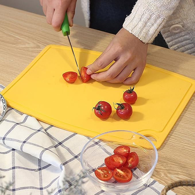 Liflicon Silicone Thick Cutting Boards Mats Set of 3pcs Foldable & Flexible Design Juice Grooves Easy Grip Handle Dishwasher Safe for Kitchen,BPA free Silicone Cutting Mats-Yellow