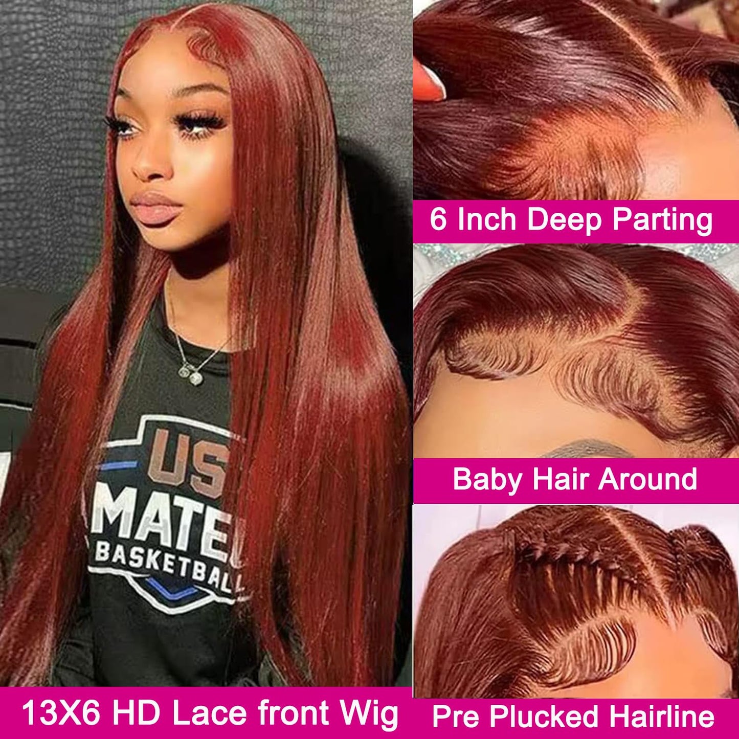 22 Inch Reddish Brown Lace Front Wigs Human Hair 13x6 Straight Lace Front Wigs 180% Density 33# Lace Frontal Wigs Human Hair Pre