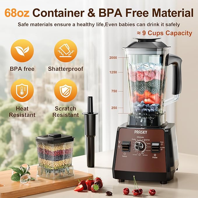 Blender, Smoothie Blenders, PRASKY Max.2400Watts/1000Watts Kitchen Blender and Grinder Combo 25000RPM Powerful Kitchen 68oz BPA Free 2 Containers Countertop Blenders Ice Crushing (Brown)
