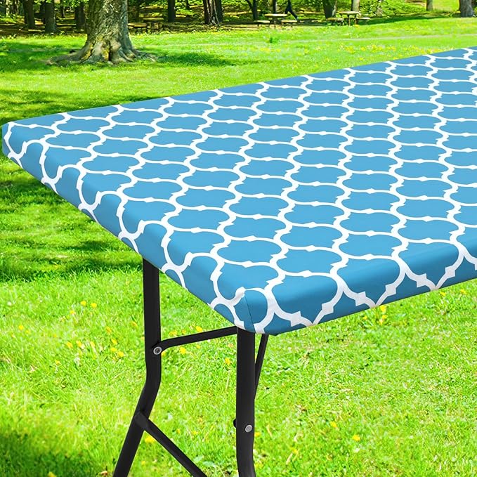 Smiry Rectangle Picnic Table Cover, Waterproof Elastic Fitted Camping Tablecloths for 8 Foot Tables, Wipeable Flannel Backed Vinyl Tablecloth Protector for Indoor, Outdoor (Light Blue, 30x96 Inches)