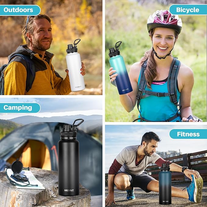MEZMUT Insulated Water Bottle with Straw&3 Lids 40oz Stainless Steel Water Bottles Sports Metal Water Bottle Double Walled Vacuum Insulated Bottles Thermos Leak-Proof Travel Thermal (Black)