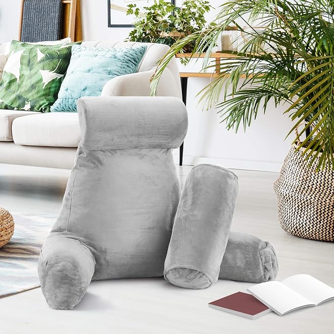 Nestl Reading Pillow Large Bed Pillow, Back Pillow for Sitting in Bed Shredded Memory Foam Chair Pillow, Reading & Bed Rest Pillows Light Grey Back Pillow for Bed, Bed Chair Arm Pillow with Pockets