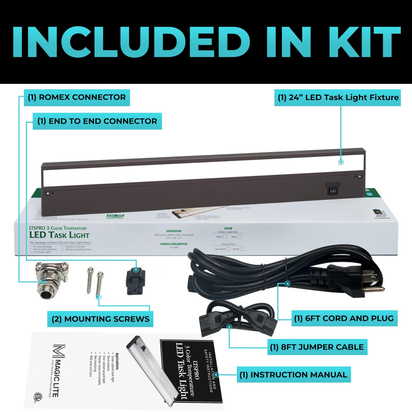 Led Under Cabinet Lighting Hardwired - Linkable Undercabinet Lights For Kitchen - 3Cct 24 Inch Bronze Finish - Undercounter Dimmable Plug In Light Or Hard Wired - Under Counter Fixture Direct Wire