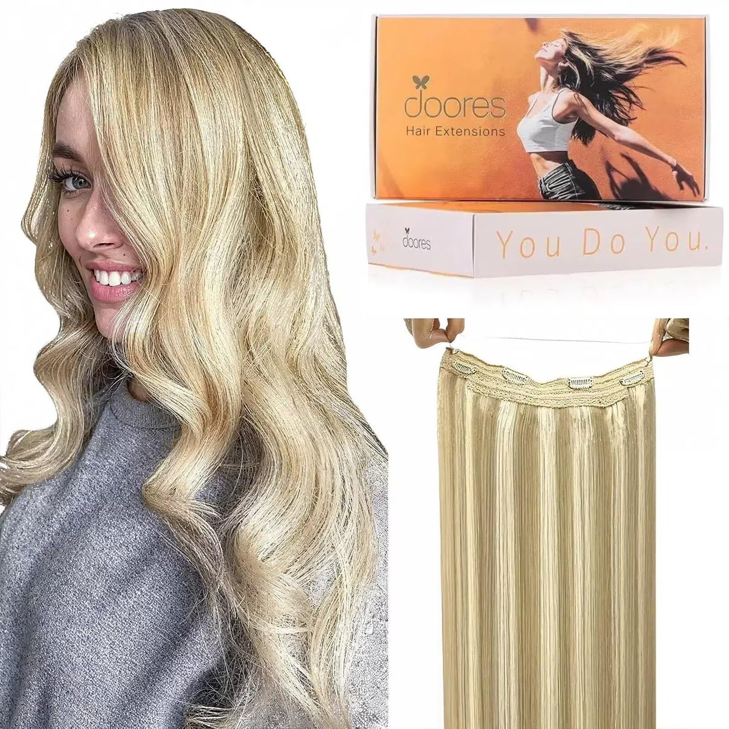 DOORES Hair Extensions Remy Human Light Blonde Highlighted Golden Blonde 14 Inch 105 g Wire Hair Extensions Invisible Natural Tr