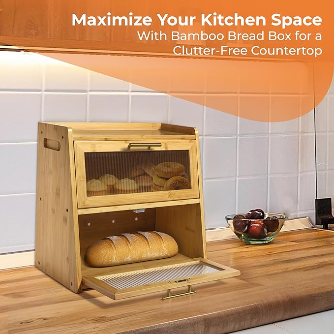 Extra Large Bamboo Bread Box for Kitchen Countertop, Dual-Layer Breadbox Provides Double the Bread Storage Space, Holds Multiple Loaves, Durable & Beautiful with Frosted Acrylic Panels