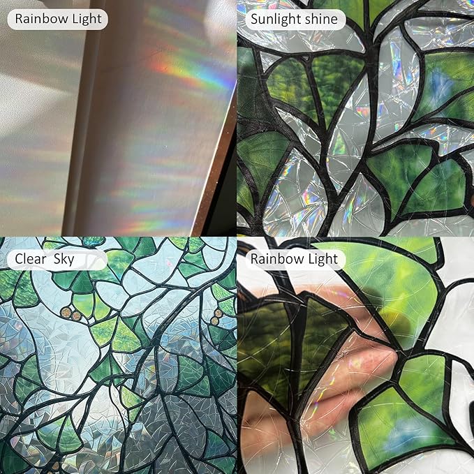 Rainbow Window Privacy Film Stained Glass Handmade Design for Bathroom, Ginkgo Leaves, 39.37'' x 16.92''
