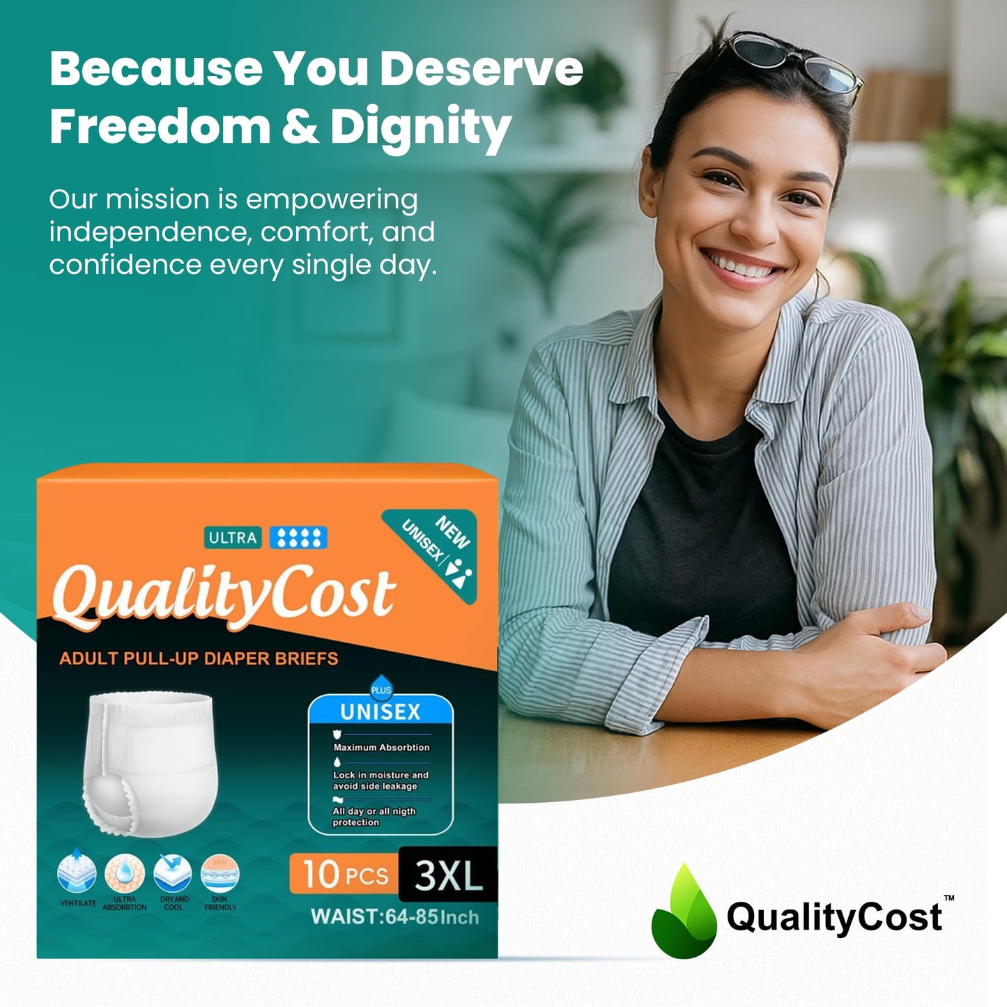 QualityCost Adult Diapers Men and Women Incontinence Overnight Pull-Ups – Pull-On Briefs, Disposable Undergarments, Maximum Absorbency, Leak Proof, Single-Use, 3XL (64–85 inch Waist), 10 Count