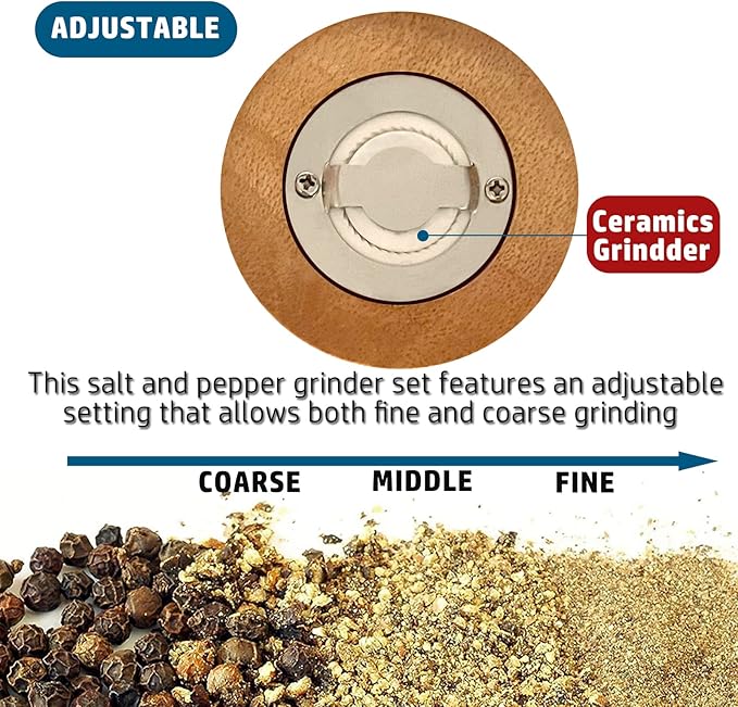 Salt and Pepper Grinder Set Wooden Pepper Salt Grinder Set Manual Pepper Mill Set Classical Hand Shake Ceramic Blades Metal Handle Wooden Pepper Shaker with Adjustable Coarseness