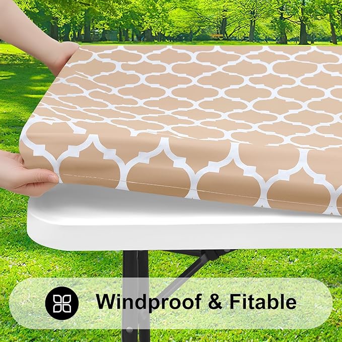 Smiry Rectangle Picnic Table Cover, Waterproof Elastic Fitted Camping Tablecloths for 5 Foot Tables, Wipeable Flannel Backed Vinyl Tablecloth Protector for Indoor, Outdoor (Khaki, 36x60 Inches)