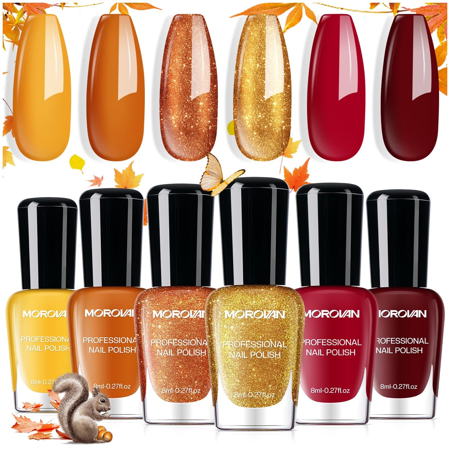 Morovan Fall Nail Polish Set: 6 Gold Maple Leaf Nail Polish Kit 2025 Glitter Autumn Fingernail Pumpkin Yellow Burnt Orange Art Q