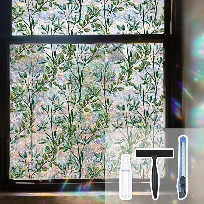 Leaf Stained Glass Window Film Static Cling with Tools - 35.4 x 78.7 Inch Non-Adhesive Privacy Decorative Rainbow Film for Windows, Doors, Sidelights - Easy Install & Remove