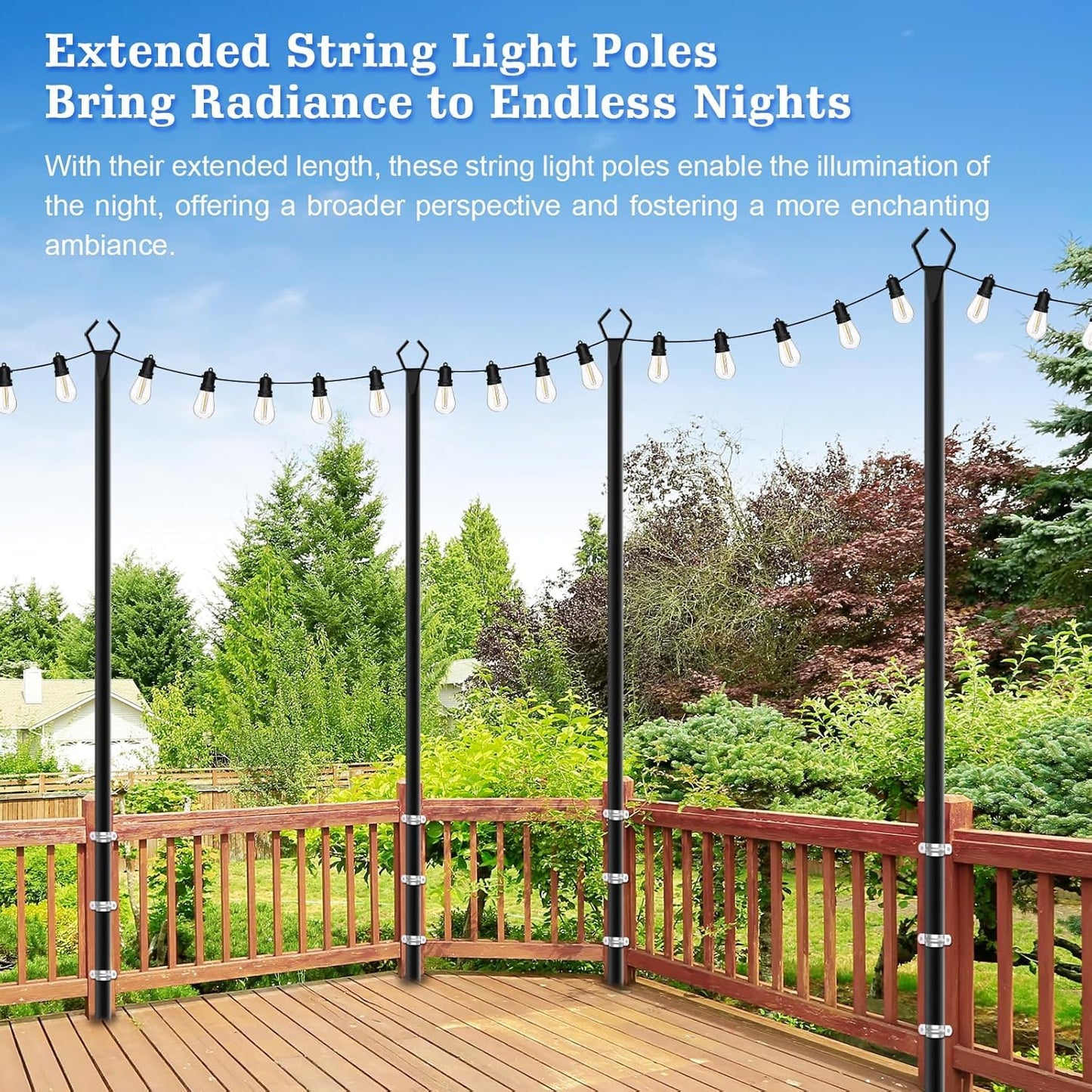 SINLEY String Light Poles, 10 Ft Metal Poles with Fork, 10 Pack, Black for Outdoor Use, Patio, Deck, Garden, Party