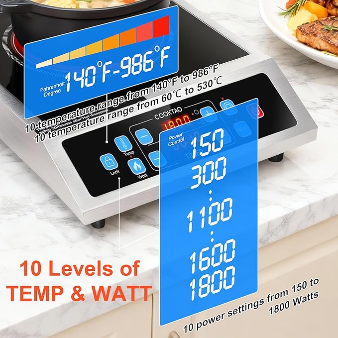 Dual Coils Design of Stainless Steel Single Burner Electric Cooktop, 1800W Commercial Ceramic Infrared Cooking Hot Plate, 12 inch Portable Countertop Radiant Stove Top Cooker with WATT n TEMP Control