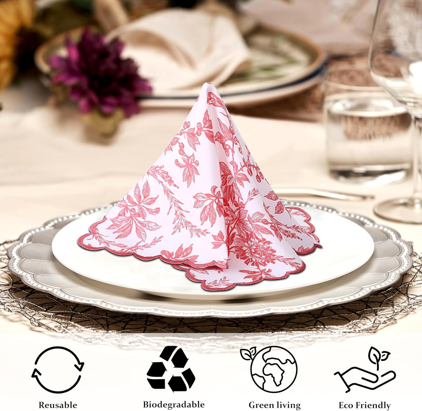 Ridhi Peach Coral Hand Block Print Napkins 18" x 18" Set of 4 Reusable Cotton Dinner Napkins for Weddings, Parties & Everyday Dining, Thanksgiving, Christmas, Fall