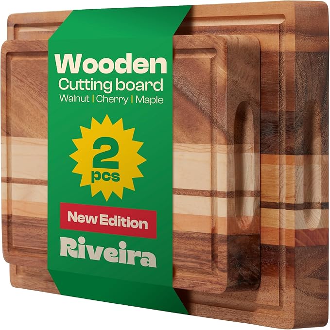 Riveira Cutting Board Set of 2 – Wooden Cutting Boards for Kitchen in 2 Sizes – Premium Walnut, Maple & Cherry Wood Cutting Board – Durable Wood Cutting Board with Juice Grooves