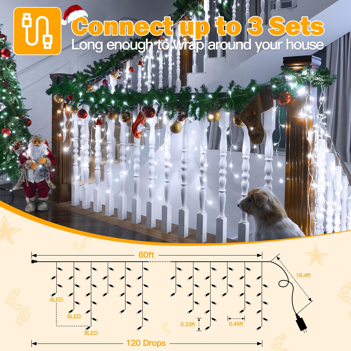 Ollny Cool White Icicle Lights, 720 Led, 60Ft, Waterproof, Remote Control, 8 Modes, Model Hg-29V721Bc For Indoor/Outdoor Decorations