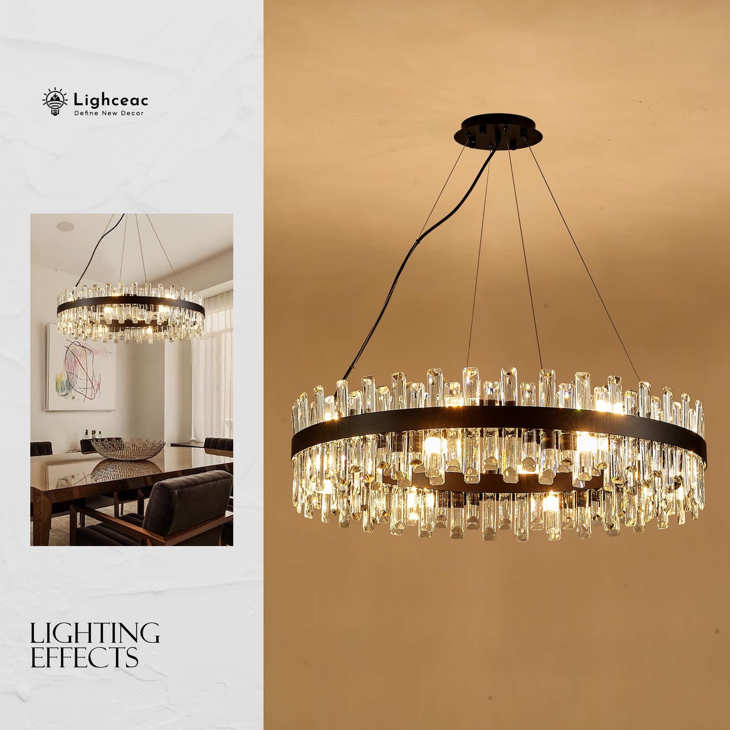 Lighceac 31.9 Black Modern Crystal Chandelier Light Fixtures stylish 2 Ring Crystal Chandeliers For Dining Room 16-Light Round Hanging Pendant Lighting For Living Room Kitchen Island Entryway Bedroom