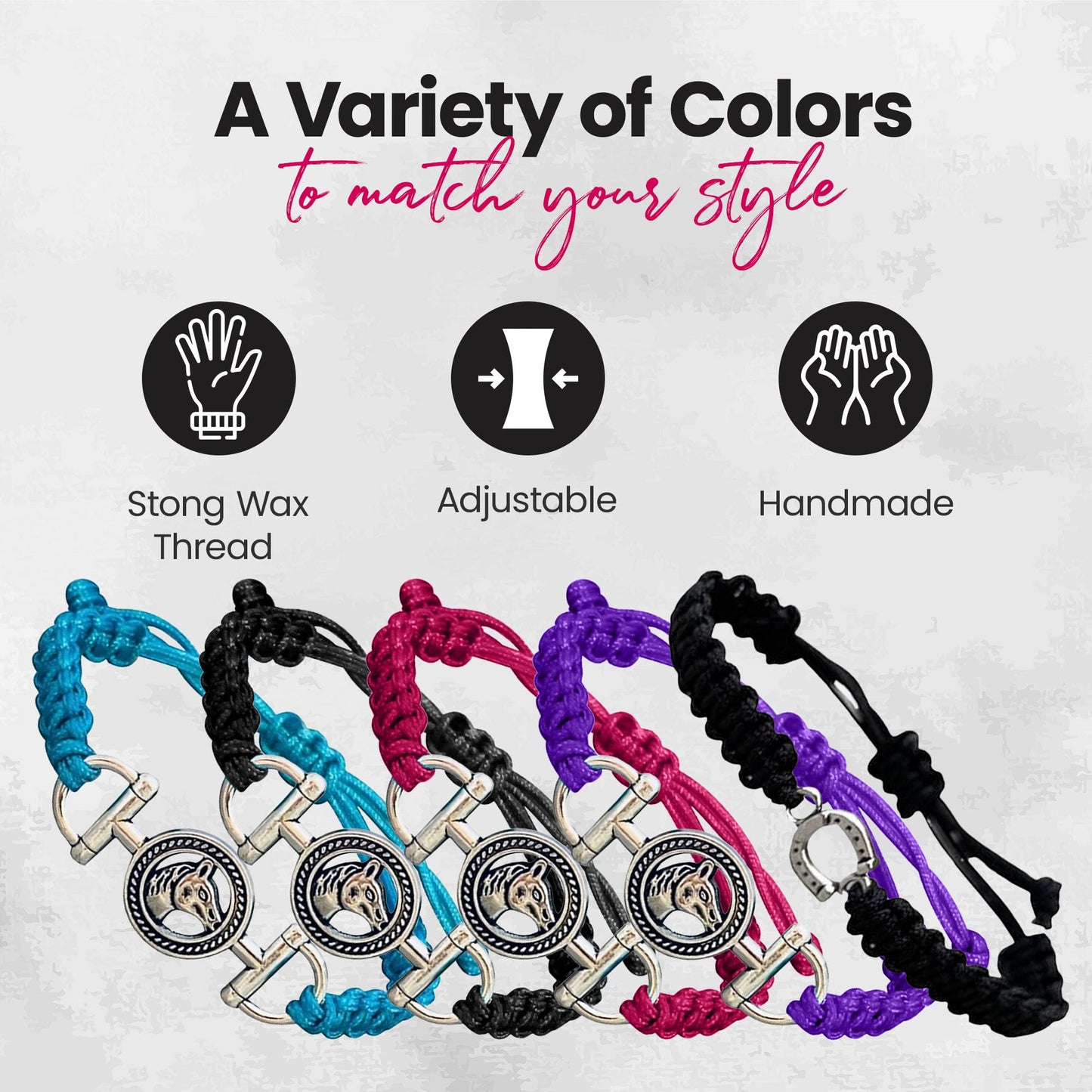 Sportybella Horseshoe Bracelet for Girls & Women - Black Adjustable Rope Bracelet with Silver Horseshoe Charm - Equestrian Jewel