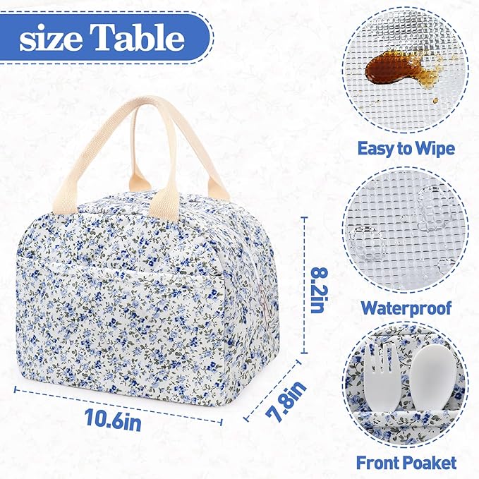 Cotton Quilted Insulated Lunch Bag, Cute Quilted Floral Lunch Tote Bags Reusable Insulated Lunch Box Coquette Aesthetic Large Capacity Insulated Cooler for Women Work Travel Picnic (Dark Blue)